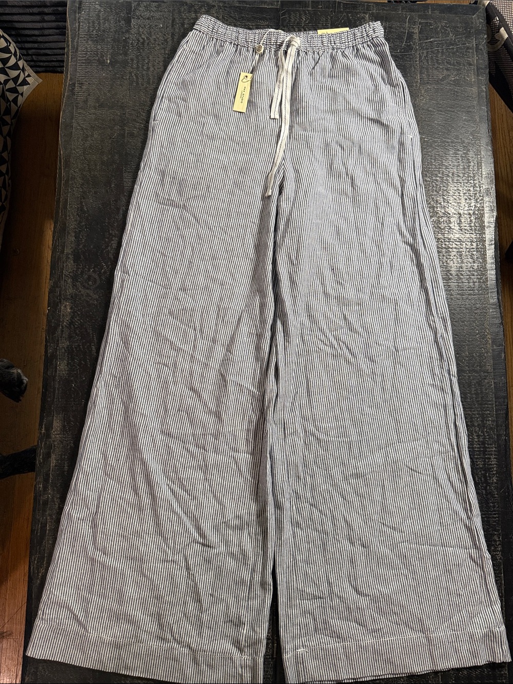 Max Studio Blue & White Pinstripe Drawstring Wide-Leg linen Pants